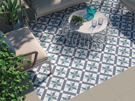 Blue Floor Tile, Outdoor Tile Patio, Edwardian Fireplace, Balcony Tiles, Porch Tile, Balcony Flooring, Garden Tiles, Geometric Floor, Garden Floor