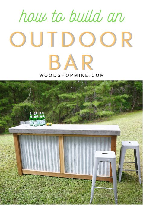 Ever wished you had a great space outside to serve drinks and party food? Watch as Woodshop Mike shows you step by step how to make this outdoor bar, complete with a concrete top! Made with weather resistant materials, this outdoor bar will serve you and your guests for years to come. #outdoorbar #entertaining #outdoorfurniture #DIY #outdoor #outdoorparty #entertainingoutside #concrete #concretecountertop #rusticoutdoorbar #potterybarn #potterybarnoutdoorbar #woodworking #woodprojects #outside Outdoor Bar Backyard, Diy Patio Bar, Rustic Outdoor Bar, Outdoor Bar Plans, Bar Backyard, Diy Outdoor Bar, Outside Bars, Bar Plans, Outdoor Patio Bar