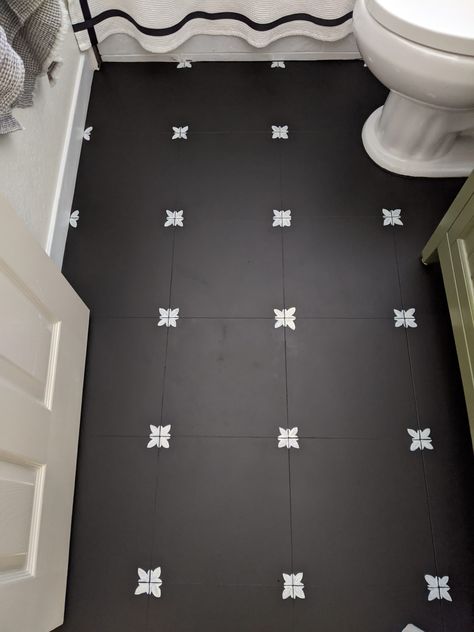 Can You Paint Tile, Painted Tile Floor, Hand Painted Floor, Painting Linoleum Floors, Painted Bathroom Floors, Black Bathroom Floor, Painting Bathroom Tiles, Paint Tile, Floor Makeover