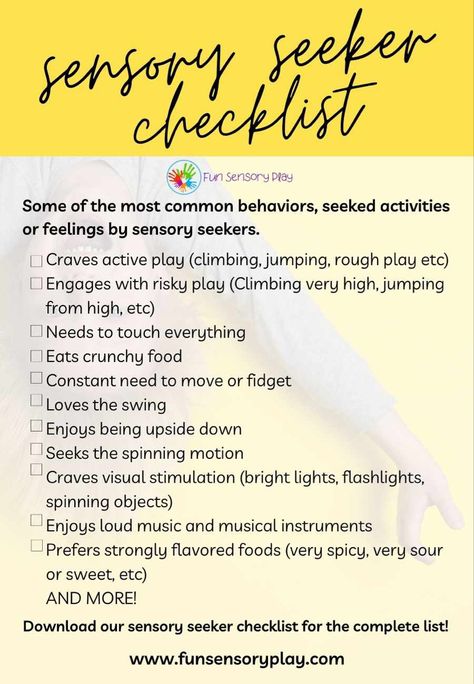 Sensory seeker checklist Sensory Seeker Vs Sensory Avoider, Sensory Seeker Behavior, Sensory Seeking Behavior Activities, Sensory Profile Checklist, Sensory Seeking, Sensory Seeking Activities, Sensory Seeker Activities, Sensory Issues In Children, Sensory Seeking Behavior