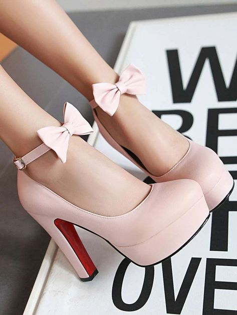 Bow Decor Ankle Strap Ultra High Heeled Pumps | SHEIN USA Trendy Pumps, Hak Tinggi, High Heels Classy, Ankle Strap Chunky Heels, Cute High Heels, Glamour Vintage, Trendy Heels, Pink High Heels, Beige Heels