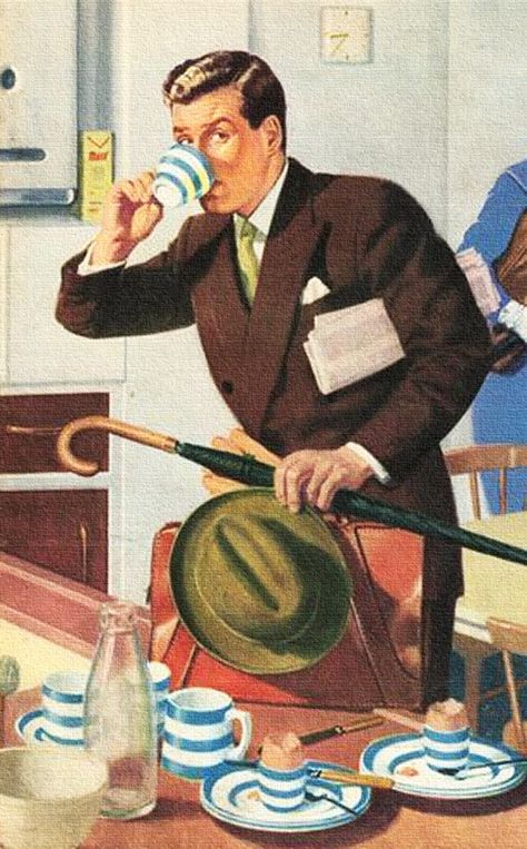 Mid-Mod man caffeine overload, ca. 1950s. Roger Wilkerson, Pulp Art, Vintage Memory, Running Late, Vintage Life, Vintage Coffee, The Good Old Days, Coffee Art, Retro Art