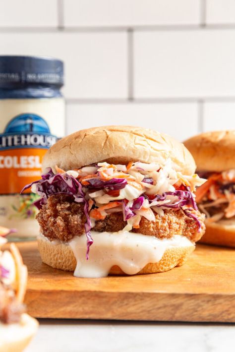 Fried Chicken Coleslaw Sandwich Recipe - Coleslaw Dressing Chicken Coleslaw Sandwich, Recipe Coleslaw, Chicken Coleslaw, Every Summertime, Red Cabbage Coleslaw, Coleslaw Sandwich, Bread Bowl Recipe, Red Cabbage Slaw, Coleslaw Salad