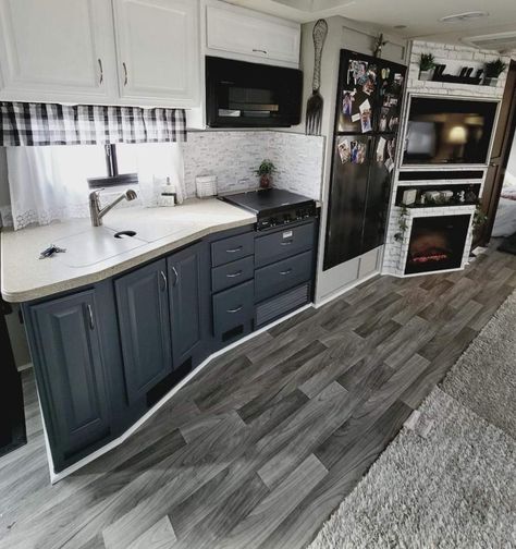 Black White Grey Camper Interior, Black And Gray Rv Interior, Black Camper Interior, Small Travel Trailer Remodel, Camper Remodel Ideas, Small Travel Trailer, Camper Renovations, Trailer Makeover, Motorhome Remodel