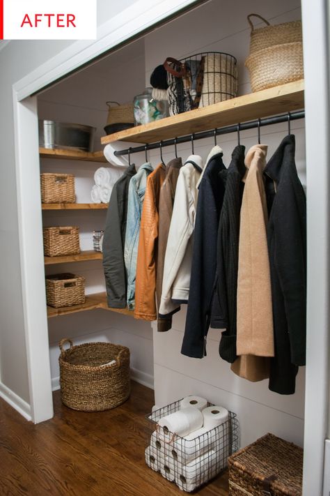 How to Organize A Doorless Closet | Apartment Therapy Front Door Closet Ideas Entryway, Coat Closet Organization Ideas, Coat Closet Organization Front Entry, Cabin Closet, Hall Closets, Entry Closet Organization, Closet Door Alternative, Coat Closet Ideas, Front Hall Closet