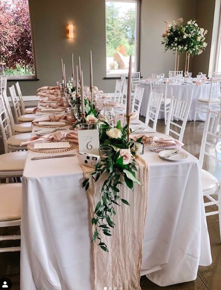 Love this overall look, but would add a few little burgundy / rusted rose touches. (a bit of greenery, high candles, a few flowers, neutral coloured table runner & a few high centrepieces) White Tablecloth With Cream Runner, Table Runner And Candles, Gold Chiffon Table Runner, Champagne Runner Wedding, White And Cream Wedding Table Decor, Flower Runner For Table, Champagne Table Runner, Pink Pallet, Table Runner Flowers