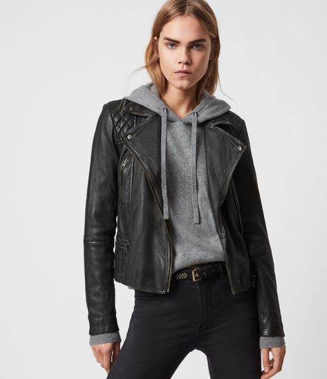 What To Know Before You Buy An Allsaints Leather Jacket | Raindrops of Sapphire Jaket Motor, Trendy Leather Jacket, Leather Jacket Outfit, Quilted Sleeves, Classic Leather Jacket, Leather Outerwear, Leather Jacket Style, Leather Jacket Outfits, Aviator Jackets