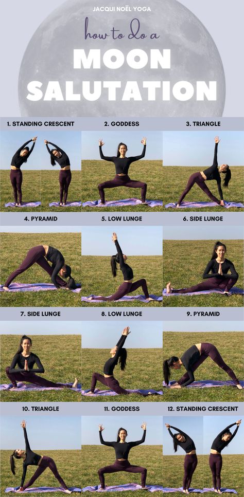 How To Do A Moon Salutation (Photo and Video Tutorial) Moon Salutations Yoga, Calming Yoga Sequence, Full Moon Flow, Yoga Teacher Sequencing, New Moon Yoga Flow, Moon Salutation Yoga Benefits, Yin Yoga Full Moon Sequence, New Moon Yoga Sequence, Yin Yoga Flow Sequence