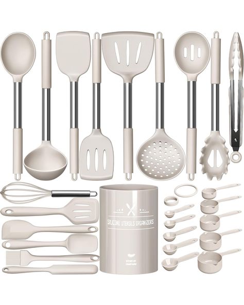 Large Silicone Kitchen Utensils Set, Umite Chef Heat Resistant Cooking Utensil with Stainless Steel Handle, Spatula, Spoon, Khaki Silicone Cooking Utensil for Nonstick Cookware, Dishwasher Safe (#ad) White Kitchen Utensils, Welding Design, Silicone Cooking Utensils, Cream Kitchen, Silicone Kitchen Utensils, Kitchen Tool Set, Silicon Utensils, Cooking Utensil, Cooking Utensils Set