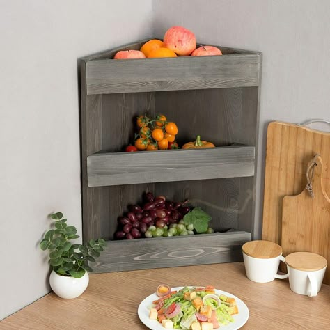 Corner Fruit Storage, Small Space Fruit Storage, Countertop Vegetable Storage, Farmhouse Fruit Storage, Fruit Rack Ideas, Smart Kitchen Storage Space Saving, Fruit Bowl Display Kitchen Counter Space, Vegetable Rack Ideas, Fruit Bowl Ideas Decor Counter Space