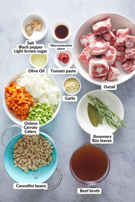 ingredients labeled for oxtail soup in small bowls on a white background Quick Oxtail Recipes, Oxtail Benefits, Simple Oxtail Recipes Crockpot, Nigerian Oxtail Stew, Oxtail And Cabbage, Oxtail Soup Hawaiian, Stewed Oxtail Recipe, How To Cook Oxtails, Oxtail Meals