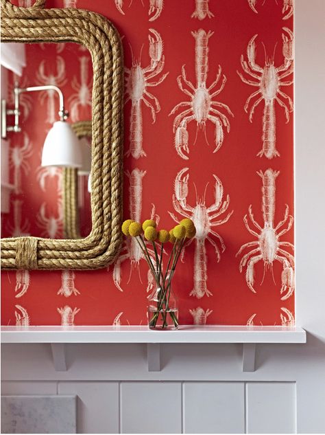 Lobster Wallpaper, Coastal Bungalow, Coastal Color Palettes, Seaside Cottages, Lobster Design, Coastal White, Eclectic Bathroom, Beach Bungalow, Bold Wallpaper