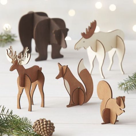 Festive animals + holiday decor = cuteness overload Cardboard Animals, Laser Cut Wood Crafts, Cut Animals, Wood Animal, Woodland Scene, Cardboard Art, Wooden Animals, Noel Christmas, Cardboard Crafts