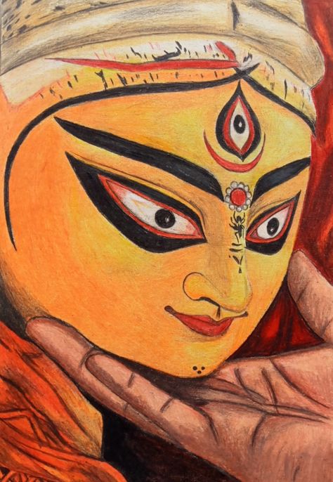 Durga Puja Drawing Ideas, Durga Maa Paintings Face, Maa Durga Portrait, Durga Ji Drawing, Durga Maa Paintings Easy, Durga Devi Drawing, Durga Painting Artworks, Navratri Painting Ideas, Maa Durga Sketch