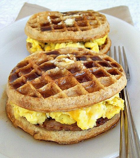 CookTheTV!: Breakfast Griddle Recipe Inspired by Paula Deen  #breakfast  #PaulaDeen  #egg  #sausage Homemade Mcgriddles, Dream Breakfast, Wheat Waffles, Waffle Sandwiches, Paleo Waffles, Waffle Breakfast, Waffle Maker Recipes, Egg Cheese, Homemade Syrup