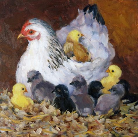 Hen And Chicks Drawing, Hen Painting, Hen Art, Farm Animal Paintings, Farm Animal Painting, Chicken Illustration, Mother Hen, Chicken Pictures, Rooster Painting