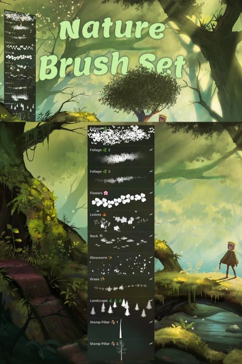 The Nature Procreate Brush Set is great if you want to infuse creations with the beauty of the natural world. With 11 brushes available for free, this set offers a wide range of options to bring landscapes, flora, and fauna to life on your canvas. Brushes included in this set: 3 Foliage, Flowers, Leaves, Rock, Glowworm, Grass, Landscape, and 2 Stamp Pillar brushes. Procreate Nature Brushes, Foliage Brush Procreate, Flower Brush Procreate, Procreate Flower Brushes Free, Best Free Procreate Brushes, Free Procreate Stamp Brushes, Grass Texture Drawing, Free Procreate Stamps, Grass Procreate