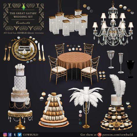 Sims 4 Party Cc, Sims Party, The Great Gatsby Wedding, The Sims 4 Pack, Wedding Plate Setting, Great Gatsby Themed Wedding, Gatsby Wedding Theme, Die Sims 4, The Sims 4 Pc