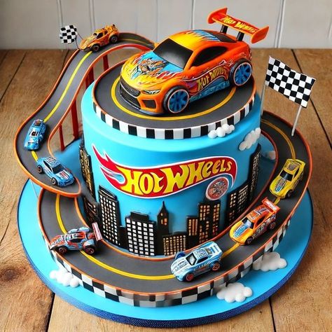 Cake Hot Wheels Birthday, Hot Wheels Birthday Party Cake, Hot Wheels Bday Party Ideas, Hot Wheel Cake Ideas, Birthday Cake 6 Boy, Birthday Cake 5 Boy, Birthday Cake 4th Boy, Hot Wheel Theme Birthday Party, Cake With Cars Boys