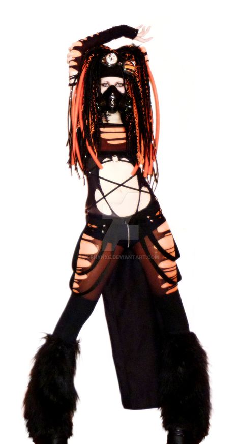 Orange Cyber by Sphynxe.deviantart.com on @DeviantArt Cybergoth Outfits, Orange Shadow, Cybergoth Fashion, Industrial Goth, We Are The Future, Cybergoth Style, Gothic Photography, Arte Punk, Black White Outfit