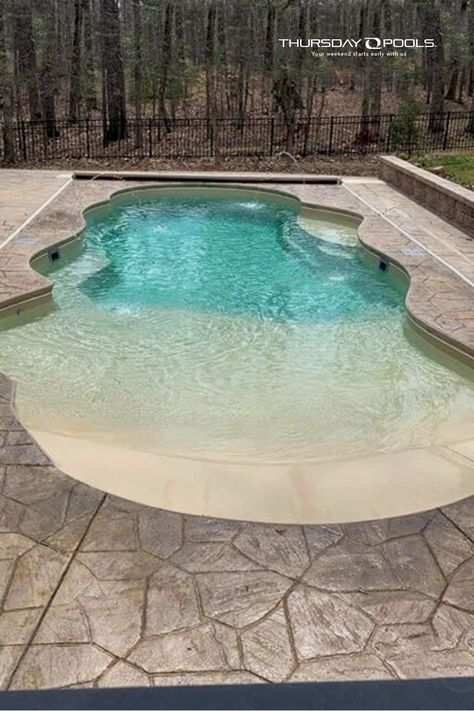 Fiberglass Beach Entry Pool, Small Beach Entry Swimming Pools, Small Pool With Beach Entry, Beach Like Swimming Pools, Beach Entry Cocktail Pool, Smaller Inground Pool Ideas, Small Walk In Pool, Beach Like Pool, Beach Entry Pools Backyard