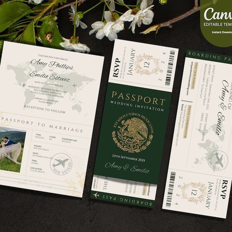 Passport Wedding Invitation Boarding Pass Template Editable Destination Wedding Invitation Dark Green Invitation Wedding Abroad Mexico - Etsy Mexico Travel Invitation, Travel Wedding Invitations, Boarding Pass Wedding Invitation, Boarding Pass Invitation, Boarding Pass Template, Destination Wedding Invitation, Passport Invitations, Passport Wedding Invitations, Green Invitations