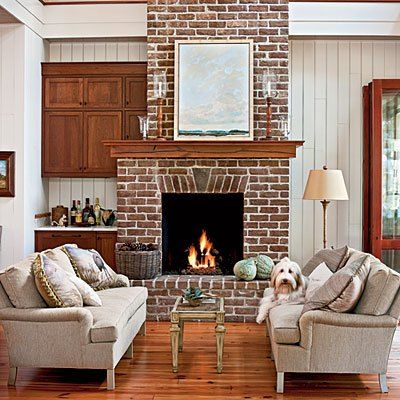 Fireplace Inspiration: 10 Fireplaces that Showcase Natural Brick or Stone Small Keeping Room, Keeping Room With Fireplace, Red Brick Fireplace, Palmetto Bluff, White Fireplace, Keeping Room, Family Room Ideas, Cozy Fireplace, Fireplace Ideas