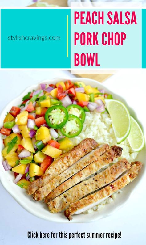 #ad This peach salsa pork chop bowl screams summer! Easy recipe can be made in less than 30 minutes!  #porkrecipes #inabowl #summerrecipes #grillingrecipes #peachsalsa #pork #goodfood #easyrecipes #dinnerideas #porkchopbowl Pork Chop Healthy, Pork Chop Recipes Grilled, Salsa Bowls, Peach Salsa, Grilled Pork Chops, Healthy Bowls, Boneless Pork Chops, Dash Diet, Homemade Dinner