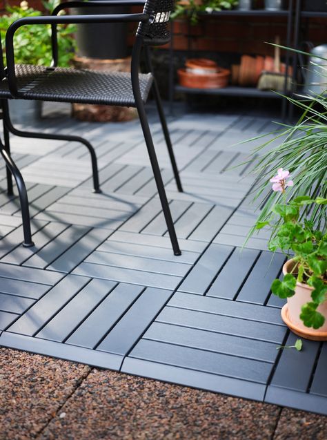 Ikea Garden, Decking Outdoor, Ikea Outdoor, Deck Tile, Side Garden, Grey Stain, Iron Furniture, Outdoor Deck, Small Balcony