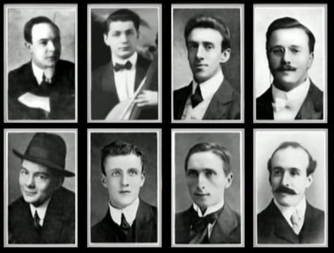 Theodore Ronald Brailey – Pianist (aged 24) Roger Marie Bricoux – Cellist (aged 20) John Frederick Preston Clarke – Bassist (aged 30) Wallace Hartley – Bandmaster, Violinist (aged 33) John Law Hume – Violinist (aged 21) Georges Alexandre Krins – Violinist (aged 23) Titanic Musicians Titanic Deaths, Aunt Edna, Titanic Birthday, 1912 Titanic, Real Titanic, Titanic Artifacts, Vietnam Map, Titanic Sinking, Titanic Facts