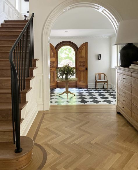 Herringbone Wood Floor, Black And White Tiles, Entry Way, House Goals, Home Reno, House Inspo, Dream Home Design, Railing, House Inspiration