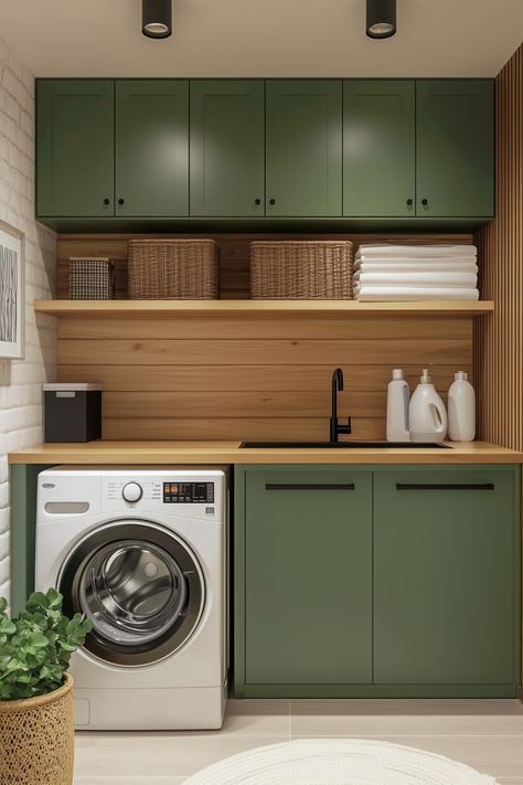 modern shelves for laundry room Forest Green Laundry Room, Olive Green Laundry Room, Modern Shelving Ideas, Mid Century Laundry Room, Laundry Room Green, Laundry Room Shelves Ideas, Room Shelves Ideas, Scandinavian Laundry Room, Green Laundry Room