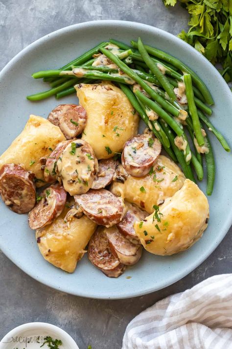 Perigee Dinner, Perogie Dinner Sides, Perogies And Sausage Skillet, Italian Sausage And Pierogies, Perogie Meal Ideas, Perogies And Sausage Recipe, Farmer Sausage Recipes Dinners, Perogies Sauce, Sausage And Perogies Recipes