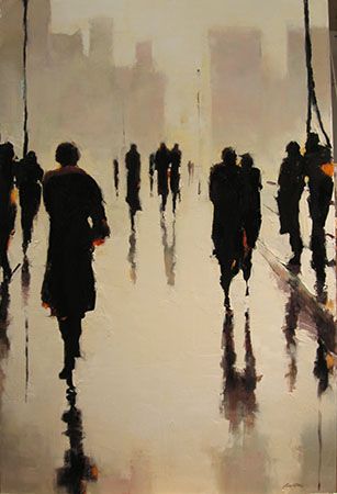 Lorraine Christie Dream Painting, Abstract City, Soyut Sanat Tabloları, Walking In The Rain, Painting People, Urban Sketching, Watercolor Inspiration, In The Rain, Figure Painting