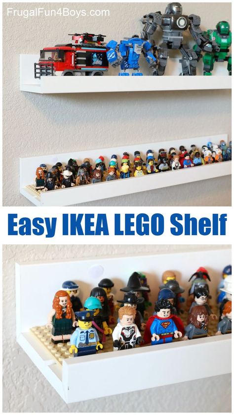 Lego Wall Display, Lego Display Shelves, Lego Area, Lego Displays, Picture Ledge Shelves, Lego Shelves, Lego Shelf, Ikea Picture Ledge, Lego Display Ideas