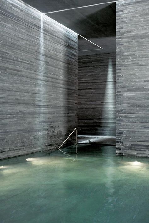 ARCHITECTURE | DETAILS | Photo Credit: Unknown. (please let me know orignal source so that I can include appropriate credit) Adore the work of #PeterZumthor. Visiting #TheThermeVals in person trully changed my life, to experience illuminating an interior with intention at its finest. Zumthor Architecture, Peter Zumthor Architecture, Therme Vals, Serpentine Pavilion, Piscina Interior, Peter Zumthor, Indoor Swimming Pool, Thermal Spa, Thermal Bath