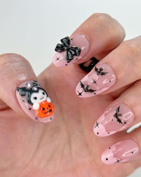 I’m thinking of doing more Sanrio Halloween designs. Who should I do next? Hello kitty? Cinnamoroll? 🤔 #pressonnails #sanrionails #kurominails #halloweennails Halloween Sanrio Nails, Kuromi Halloween, Sanrio Halloween, Nails Sets, Hello Kitty Cinnamoroll, Fake Nails Designs, Halloween Press On Nails, Pumpkin Nails, Nails Press