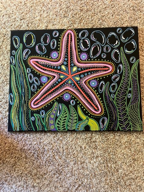 Oil paint markers on canvas Ocean Marker Drawing, Sea Creatures Painting Easy, Ocean Posca Art, Posca Pens Art Neon, Octopus Posca Art, Trippy Water Painting, Sea Drawing, Trippy Painting, 4th Grade Art