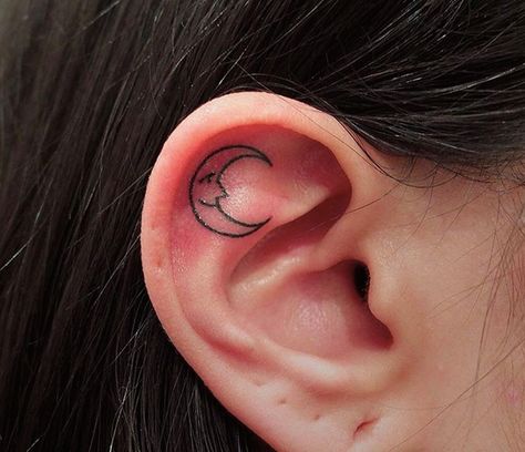 Inner Ear Tattoo, Rose Gold Ear Cuff, Moon Tattoo Designs, Quotes Truths, Hand Poked Tattoo, Poke Tattoo, Body Modification, Dainty Tattoos, Head Tattoos