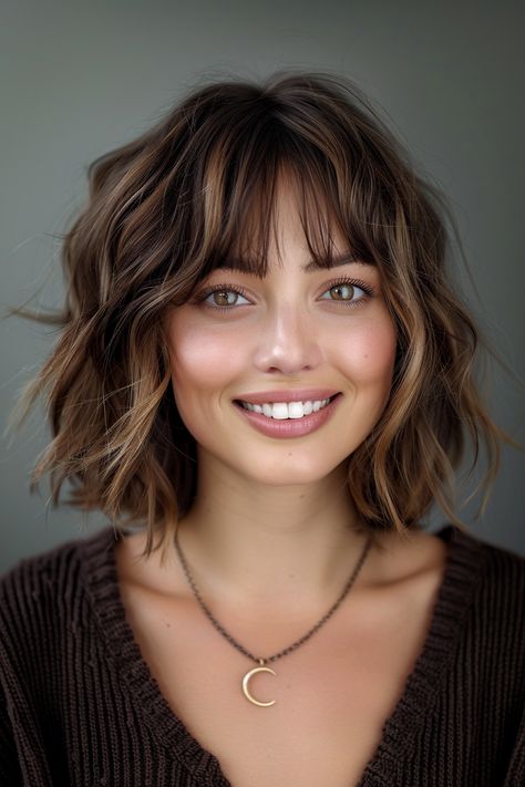 Must-Try Medium Hair Cuts with Bangs Short Textured Hair With Bangs, Stacked Bob With Fringe, Hairstyles For Shoulder Length Hair With Bangs, Medium Length Wavy Layered Hair, Shag Plus Size, Short Hair Bangs Highlights, Medium Bob Bangs, Brown Hair With Highlights And Bangs, Shoulder Length Hair Cuts With Layers And Bangs