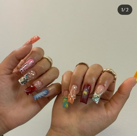 Nail Jewels, Edgy Nails, Girly Acrylic Nails, Unique Acrylic Nails, Nail Jewelry, Nail Sets, Fire Nails, Funky Nails, Dream Nails