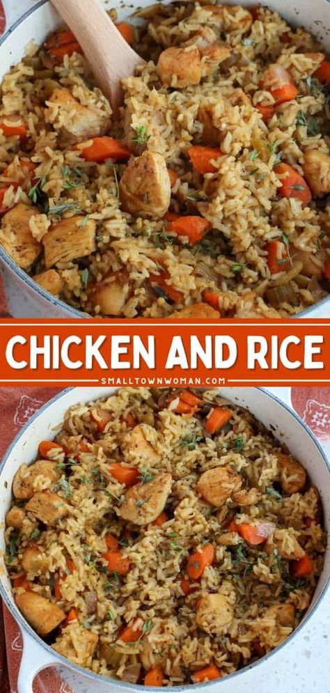 An easy dinner idea in one pot! It's mostly hands-off. Cooked with vegetables and the perfect blend of spices, this chicken and rice recipe lets you taste comfort food at its best! Save this and try it! Chicken Carrot Celery Recipe, Jasmine Rice Recipes, Chicken And Rice Recipe, Celery Recipes, Chicken And Rice Dishes, Easy Chicken And Rice, Rosemary And Thyme, One Dish Dinners, One Pot Chicken