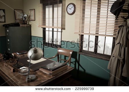 1950s style office with director's desk, vintage phone, file cabinet and other retro items, urban panorama outside. 50s Office, Amazon Job, Chinese Office, Cosmic Cowboy, Home Recording Studio Setup, Desk Vintage, Office Blinds, Detective Game, Old Office