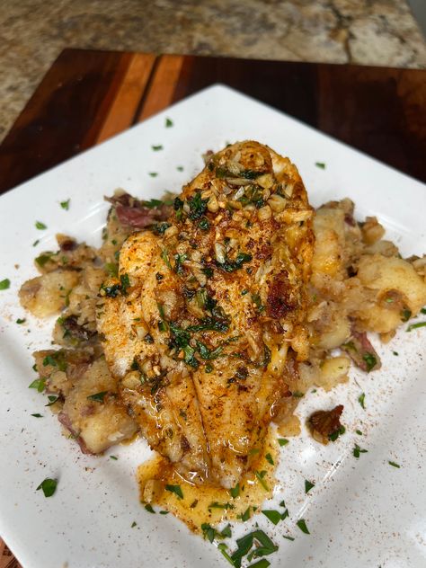 Cajun Stuffed Catfish Catfish Atchafalaya Recipe, Stuffed Catfish, Catfish Fillets, Smothered Potatoes, Lump Crab Meat, Cajun Fries, Louisiana Kitchen, Catfish Recipes, Cookies And Cream Cheesecake