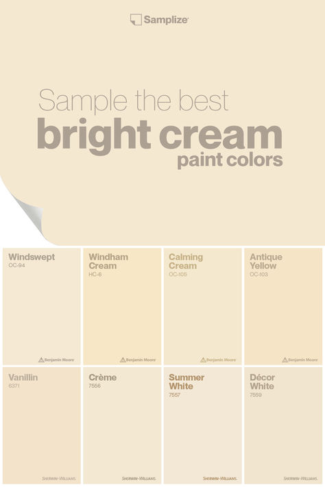 Sample the best bright cream paint colors with Samplize to enhance your living space effortlessly! Cream Wall Paint Bedrooms, Vanilla Paint Color, Creamy White Wall Paint, Creme Paint Color, Cream Wall Living Room, Light Cream Paint Colors, Room Cream Color, Cream Color Walls, Benjamin Moore Windham Cream