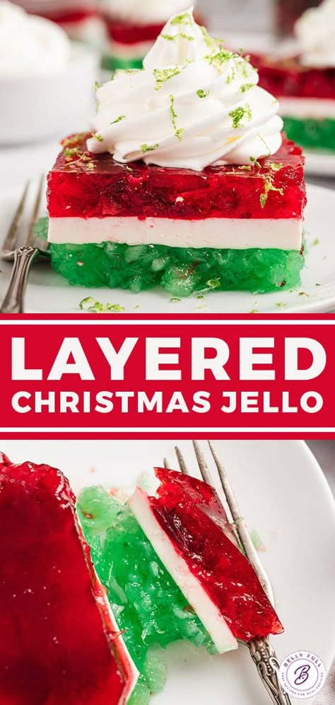 Layered Christmas Jello l Belly Full Vintage Jello Recipes, Christmas Ribbon Jello Recipe, Ribbon Jello Recipe, Mexican Jello Recipe, Jello Recipes Christmas, Cherry Jello Recipes, Rainbow Jello Recipe, No Bake Christmas Desserts, Layered Jello Recipe