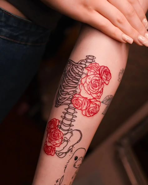 Black and red skeleton flower arm tattoo Black And Red Skeleton Tattoo, Black And Red Tattoo Aesthetic, Red Ink Sleeve Tattoos For Women, Red And Black Tattoo Patchwork, Black And Red Sleeve Tattoo Women, Black And Red Patchwork Tattoo Sleeve, Red Skeleton Hand Tattoo, Red Ink Sleeve Tattoo, Black And Red Sleeve Tattoo