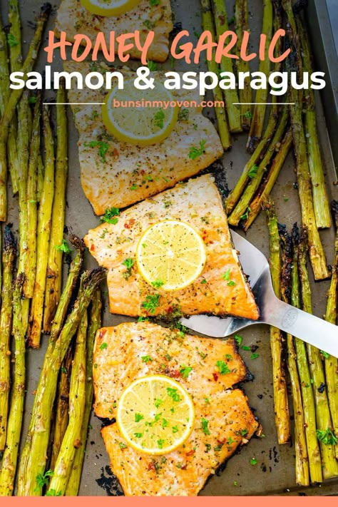 This Honey Garlic Salmon and Asparagus recipe is a light, healthy and flavorful choice for dinner! You'll love the sweet and savory sauce and everything cooks together on one sheet pan for easy clean up! Healthy Salmon And Asparagus Recipes, Air Fryer Salmon And Asparagus Recipes, Salmon Asparagus Sheet Pan, Salmon And Asparagus Sheet Pan Dinner, One Pan Salmon And Asparagus, Salmon Asparagus One Pan, Sheet Pan Salmon And Asparagus, Salmon And Asparagus Recipes, Baked Salmon And Asparagus