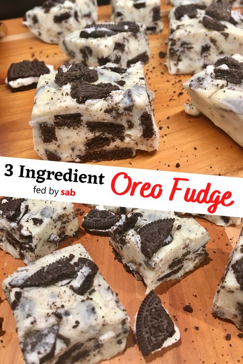 square pieces of oreo fudge plated on a wood cutting board Cookies And Cream Fudge 3 Ingredient, Homemade Fudge Rounds, Cookies N Cream Fudge, White Chocolate Oreo Fudge, Easy Oreo Fudge, 3 Ingredient Oreo Fudge, Recipes With Milk Dessert, Chocolate Cake With Oreos, Easy Fudge Recipe 3 Ingredients Condensed Milk