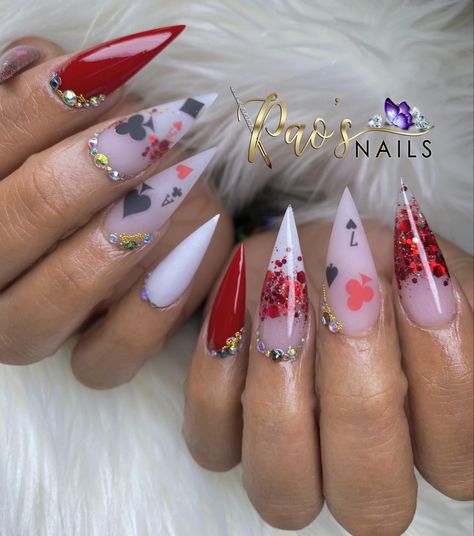 Casino Acrylic Nails, Card Nails Acrylic, Cards Acrylic Nails, Casino Theme Nails Las Vegas, Ace Card Nails, Card Deck Nails, Vegas Themed Nails, Playing Card Inspired Nails, Card Nails